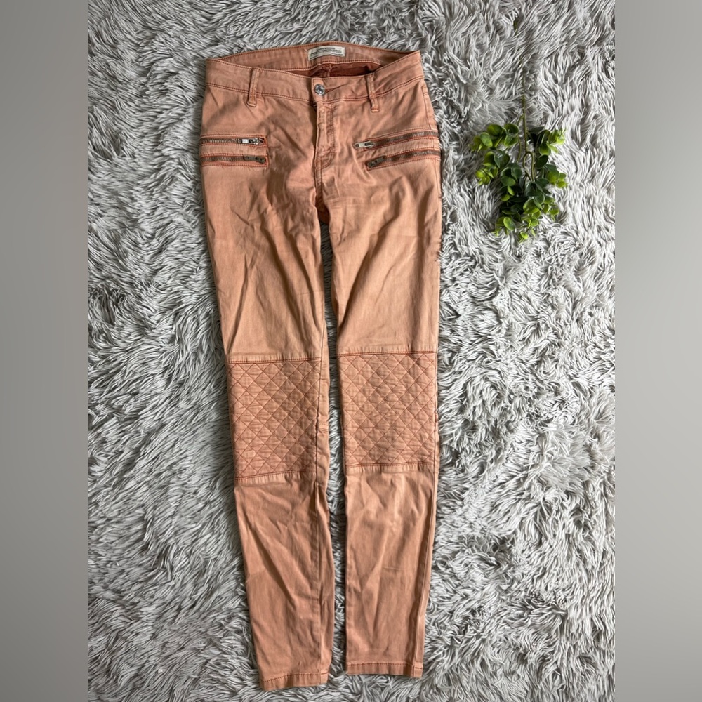 Zara peach/pink premium denim quilted Moto skinny jeans size 2